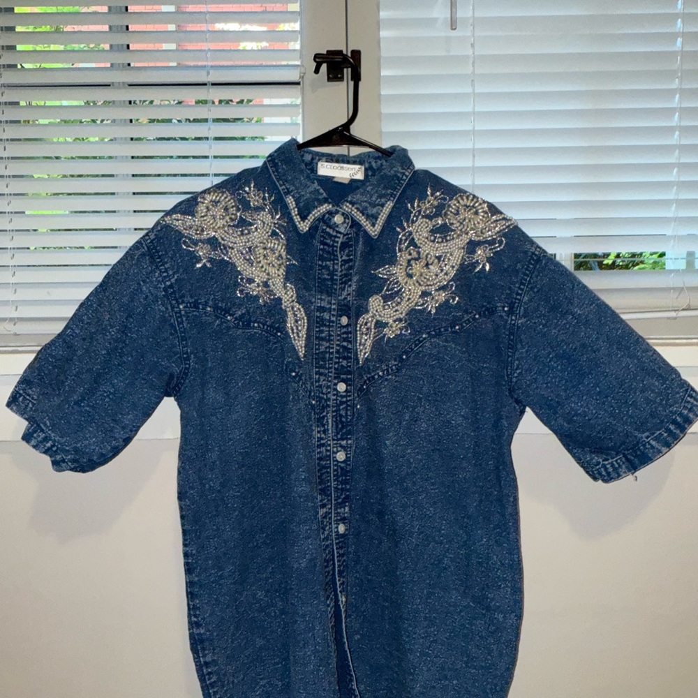 Blue Button Down Shirt with Embroidery